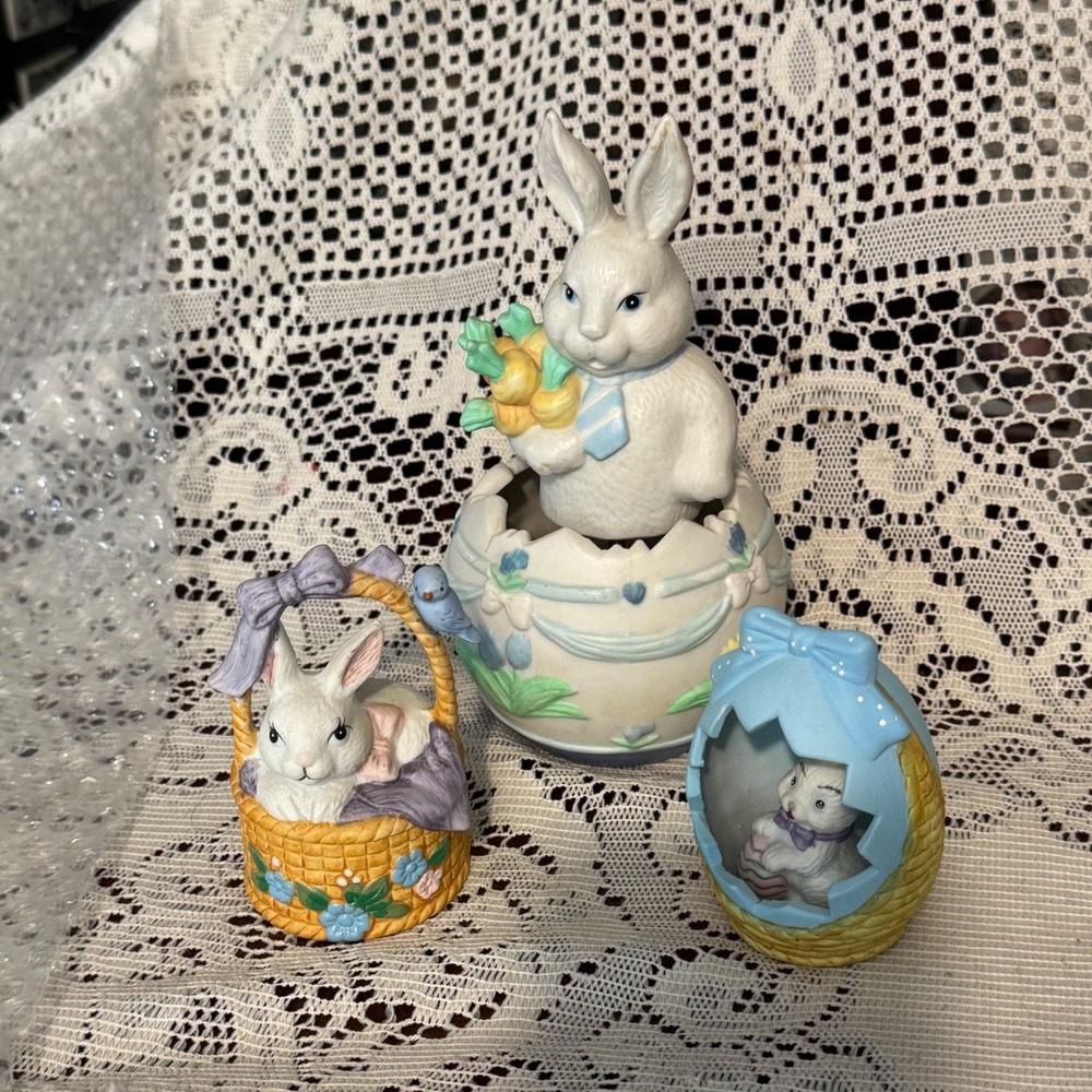 Vintage Easter Bunny Figurine Set Musical Egg Basket Bell 3pc Pastel decor